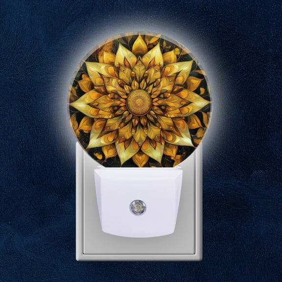 Round LED Night Lights Lamp with Dusk to Dawn Sensor, Golden Flower In Radiant Design Night Light Plug Into Wall for Kids Room, Bedroom, Bathroom, Kitchen, Hallway