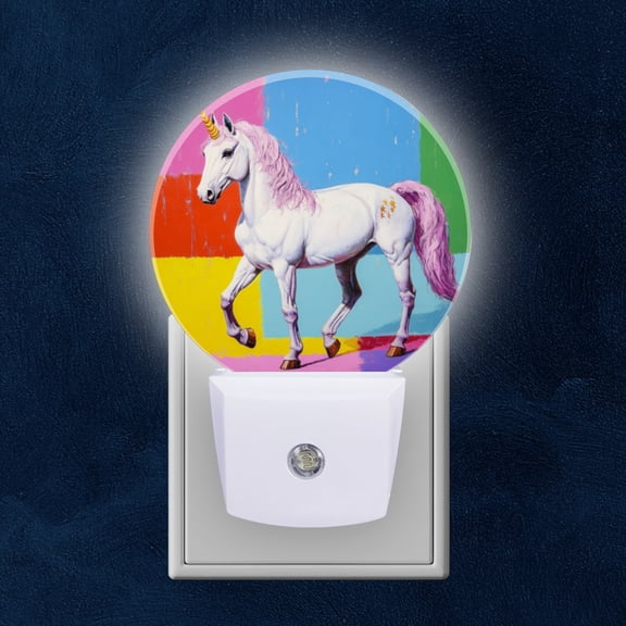 Round LED Night Lights Lamp with Dusk to Dawn Sensor, Golden Horned Unicorn With Lilac Man Night Light Plug Into Wall for Kids Room, Bedroom, Bathroom, Kitchen, Hallway