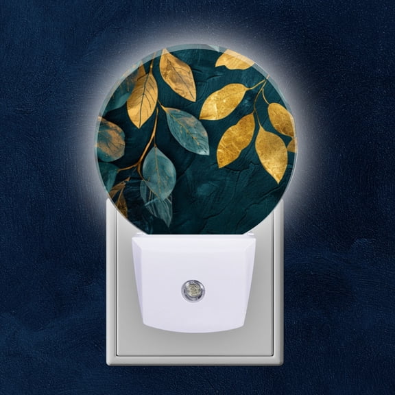 Round LED Night Lights Lamp with Dusk to Dawn Sensor, Golden Leaves On Deep Teal Textured Background Night Light Plug Into Wall for Kids Room, Bedroom, Bathroom, Kitchen, Hallway