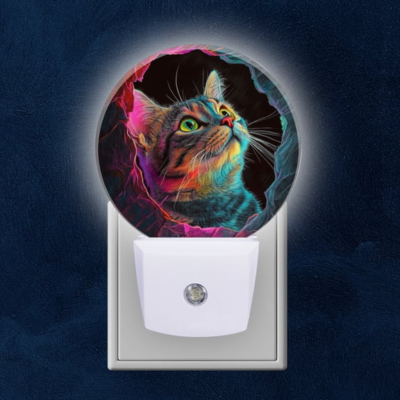 Round LED Night Lights Lamp with Dusk to Dawn Sensor, Gorgeous Neon - Hued Kitty Night Light Plug Into Wall for Kids Room, Bedroom, Bathroom, Kitchen, Hallway