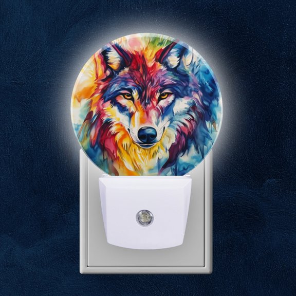 Round LED Night Lights Lamp with Dusk to Dawn Sensor, Gorgeous Wild Wolf Night Light Plug Into Wall for Kids Room, Bedroom, Bathroom, Kitchen, Hallway