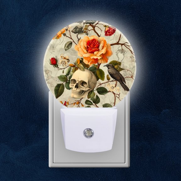 Round LED Night Lights Lamp with Dusk to Dawn Sensor, Gothic Style Skeleton With Rose Night Light Plug Into Wall for Kids Room, Bedroom, Bathroom, Kitchen, Hallway