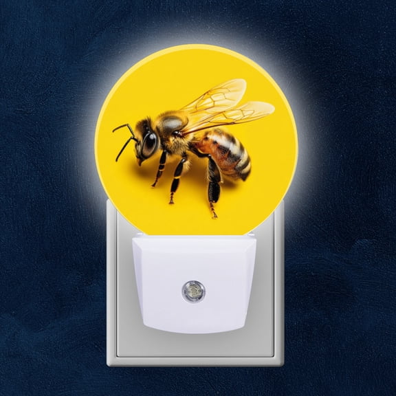 Round LED Night Lights Lamp with Dusk to Dawn Sensor, Graceful Flight Ready Bee In Solitary Splendor Night Light Plug Into Wall for Kids Room, Bedroom, Bathroom, Kitchen, Hallway