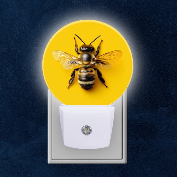 Round LED Night Lights Lamp with Dusk to Dawn Sensor, Graceful Form Of Bee On Yellow Night Light Plug Into Wall for Kids Room, Bedroom, Bathroom, Kitchen, Hallway