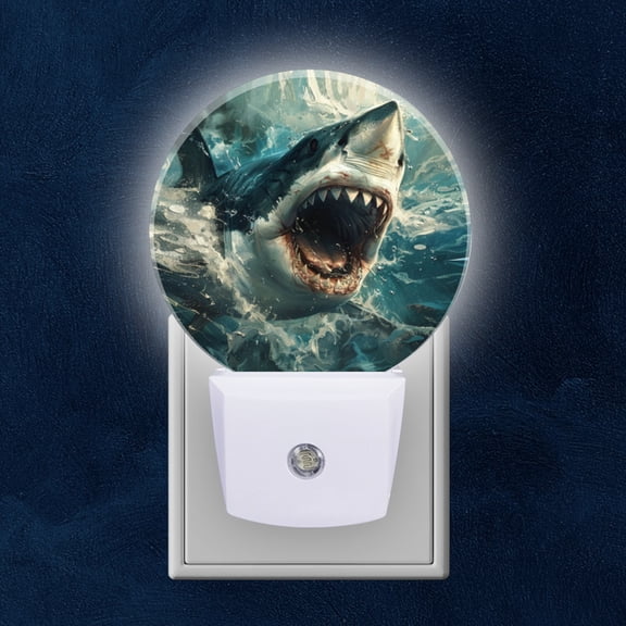 Round LED Night Lights Lamp with Dusk to Dawn Sensor, Great White Shark Emerging From Choppy Blue Waters Night Light Plug Into Wall for Kids Room, Bedroom, Bathroom, Kitchen, Hallway