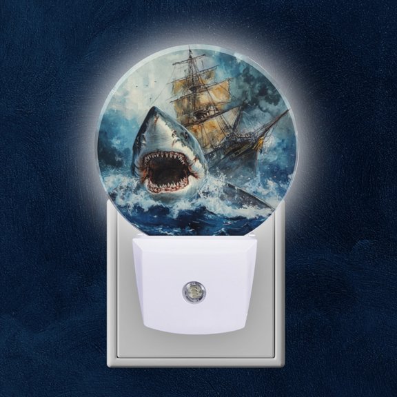 Round LED Night Lights Lamp with Dusk to Dawn Sensor, Great White Shark And The Sailing Ship Night Light Plug Into Wall for Kids Room, Bedroom, Bathroom, Kitchen, Hallway