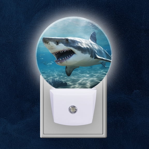 Round LED Night Lights Lamp with Dusk to Dawn Sensor, Great White Shark Swimming In Sunlit Ocean Waters Night Light Plug Into Wall for Kids Room, Bedroom, Bathroom, Kitchen, Hallway
