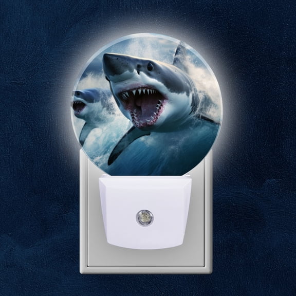 Round LED Night Lights Lamp with Dusk to Dawn Sensor, Great White Sharks In Action In The Ocean Night Light Plug Into Wall for Kids Room, Bedroom, Bathroom, Kitchen, Hallway