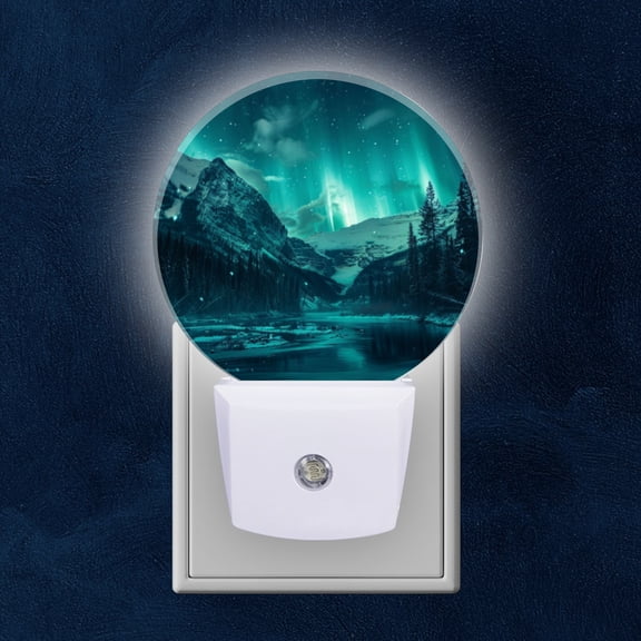 Round LED Night Lights Lamp with Dusk to Dawn Sensor, Green Northern Lights Over Snow Covered Mountain Valley Night Light Plug Into Wall for Kids Room, Bedroom, Bathroom, Kitchen, Hallway