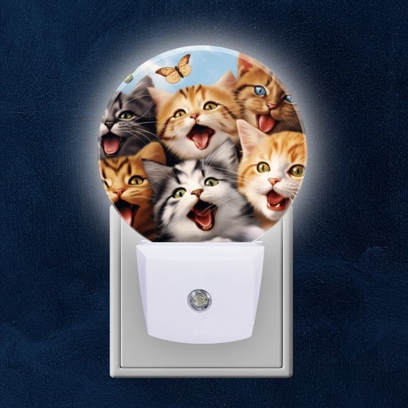Round LED Night Lights Lamp with Dusk to Dawn Sensor, Group Of Happy Smiling Cats In The Clouds Night Light Plug Into Wall for Kids Room, Bedroom, Bathroom, Kitchen, Hallway