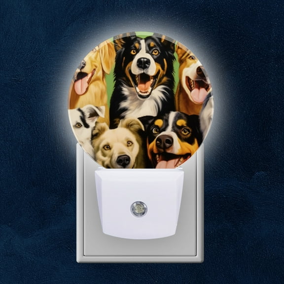 Round LED Night Lights Lamp with Dusk to Dawn Sensor, Happy Faced Dogs In Group Portrait Night Light Plug Into Wall for Kids Room, Bedroom, Bathroom, Kitchen, Hallway