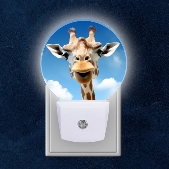 Round LED Night Lights Lamp with Dusk to Dawn Sensor, Happy Giraffe Face Against Blue Sky Background With Clouds Night Light Plug Into Wall for Kids Room, Bedroom, Bathroom, Kitchen, Hallway