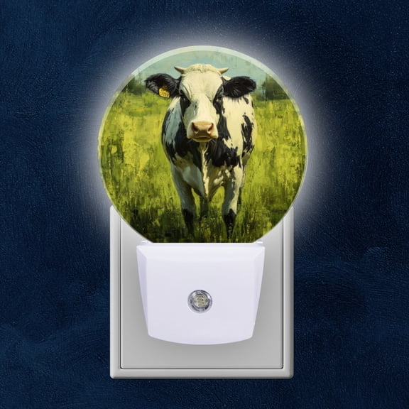 Round LED Night Lights Lamp with Dusk to Dawn Sensor, High - Contrast Bovine Portrait Night Light Plug Into Wall for Kids Room, Bedroom, Bathroom, Kitchen, Hallway