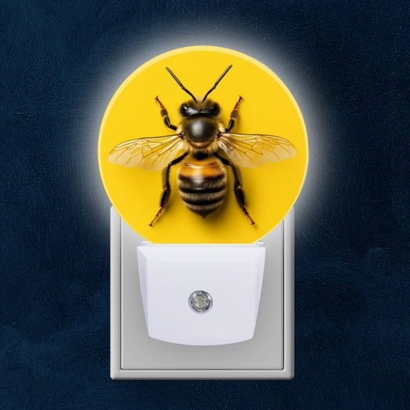 Round LED Night Lights Lamp with Dusk to Dawn Sensor, Honeybee On Vivid Yellow Canvas Night Light Plug Into Wall for Kids Room, Bedroom, Bathroom, Kitchen, Hallway
