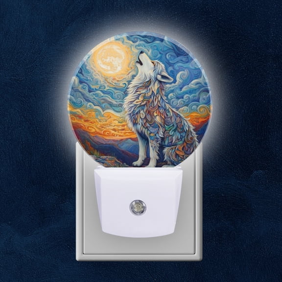 Round LED Night Lights Lamp with Dusk to Dawn Sensor, Howling Lonely Wolf Cute Drawing Night Light Plug Into Wall for Kids Room, Bedroom, Bathroom, Kitchen, Hallway