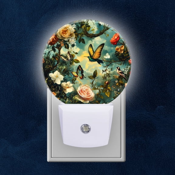 Round LED Night Lights Lamp with Dusk to Dawn Sensor, Hummingbird, Butterflies And Flowers In Harmony Night Light Plug Into Wall for Kids Room, Bedroom, Bathroom, Kitchen, Hallway