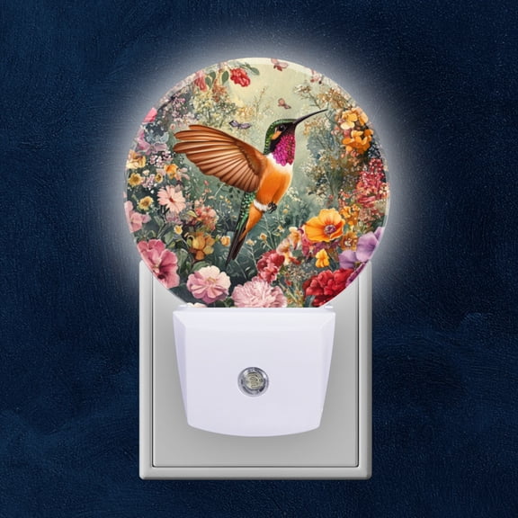Round LED Night Lights Lamp with Dusk to Dawn Sensor, Hummingbird In Flight Among Multitude Of Flowers Night Light Plug Into Wall for Kids Room, Bedroom, Bathroom, Kitchen, Hallway
