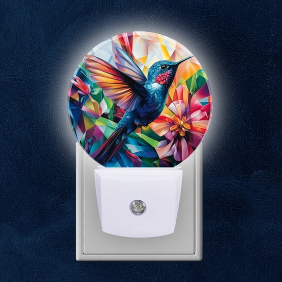 Round LED Night Lights Lamp with Dusk to Dawn Sensor, Hummingbird In Flight Amongst Geometric Floral Shapes Night Light Plug Into Wall for Kids Room, Bedroom, Bathroom, Kitchen, Hallway