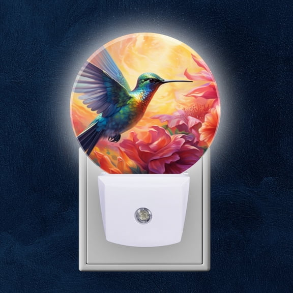 Round LED Night Lights Lamp with Dusk to Dawn Sensor, Hummingbird In Flight Near Flowers Night Light Plug Into Wall for Kids Room, Bedroom, Bathroom, Kitchen, Hallway