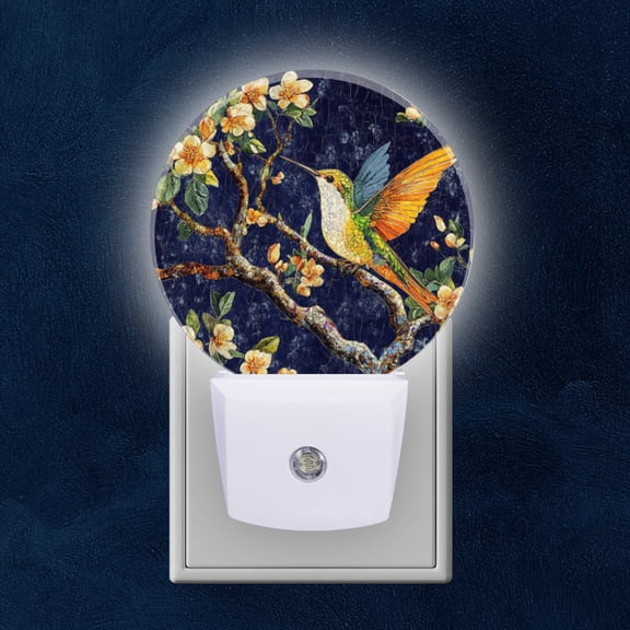 Round LED Night Lights Lamp with Dusk to Dawn Sensor, Hummingbird'S Swift Flight Near Flowering Branch Night Light Plug Into Wall for Kids Room, Bedroom, Bathroom, Kitchen, Hallway