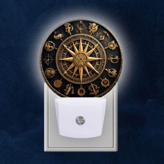Round LED Night Lights Lamp with Dusk to Dawn Sensor, Illustration Of The Zodiac Signs On Ancient Compass Night Light Plug Into Wall for Kids Room, Bedroom, Bathroom, Kitchen, Hallway