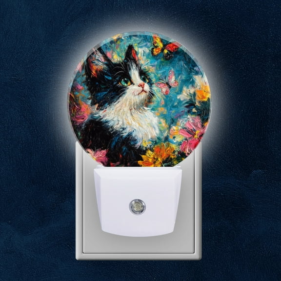 Round LED Night Lights Lamp with Dusk to Dawn Sensor, Impasto Style Tuxedo Cat With Butterflies And Flowers Night Light Plug Into Wall for Kids Room, Bedroom, Bathroom, Kitchen, Hallway