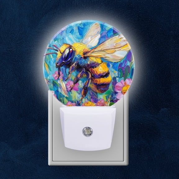Round LED Night Lights Lamp with Dusk to Dawn Sensor, Industrious Bee Amidst Flurry Of Flowers Night Light Plug Into Wall for Kids Room, Bedroom, Bathroom, Kitchen, Hallway