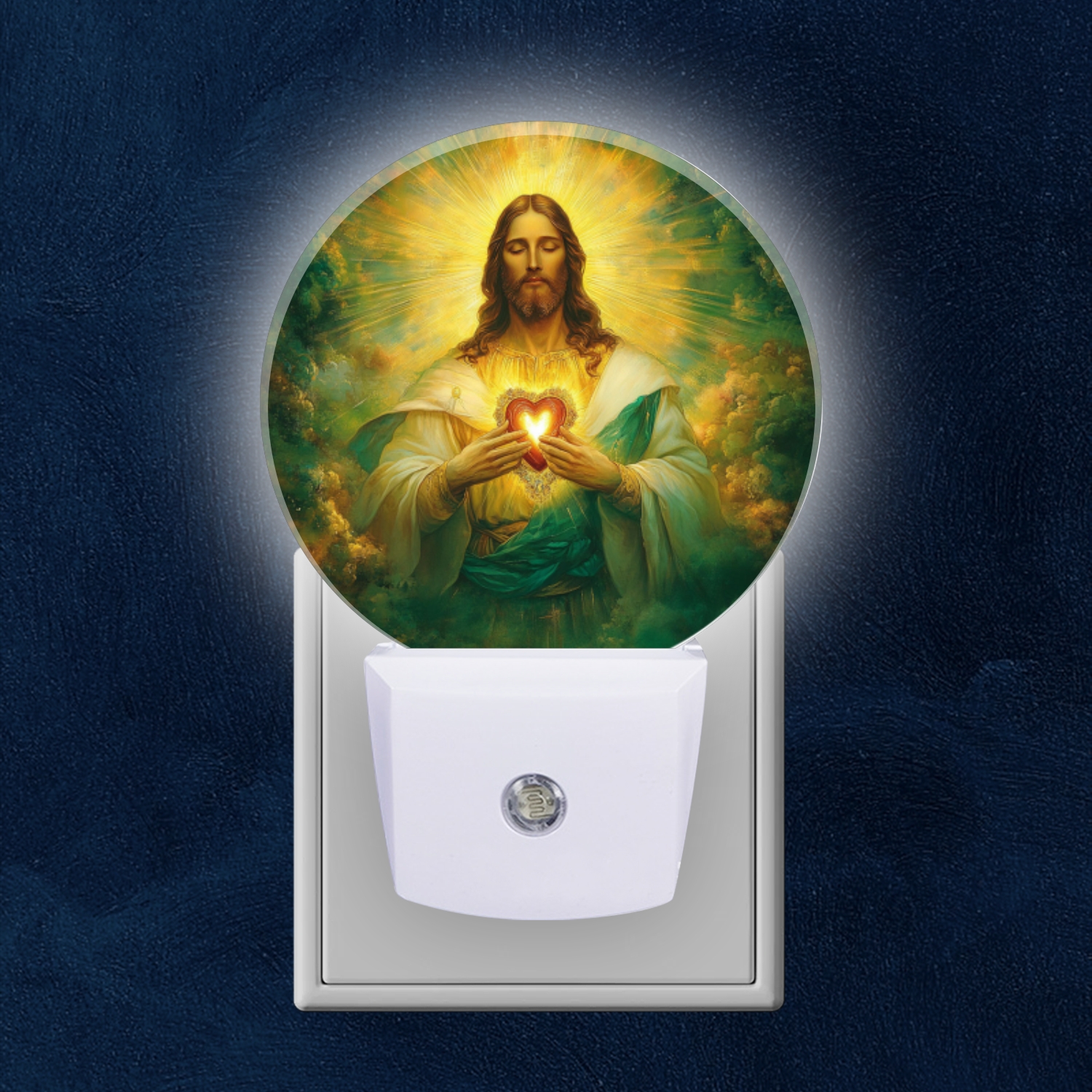 Round LED Night Light With Dusk-to-Dawn Sensor – Stained Glass Mary & Jesus Design With Roses & Doves, Plug-In Wall Light For Kids Room, Bedroom, Bathroom