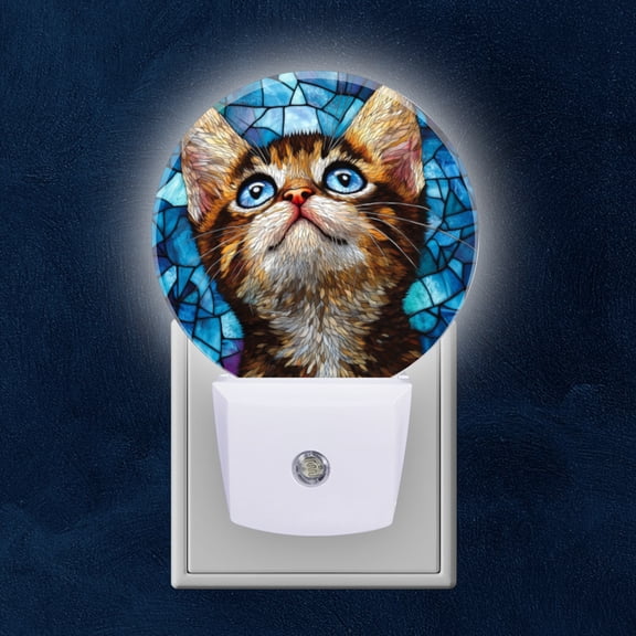 Round LED Night Lights Lamp with Dusk to Dawn Sensor, Kitten Looking Up In Stained Glass Style Night Light Plug Into Wall for Kids Room, Bedroom, Bathroom, Kitchen, Hallway