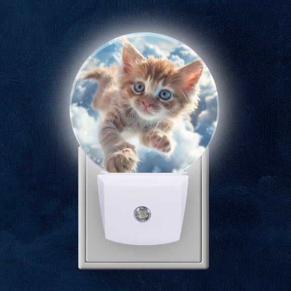Round LED Night Lights Lamp with Dusk to Dawn Sensor, Kitten'S Flight Amongst The Shaggy Clouds Night Light Plug Into Wall for Kids Room, Bedroom, Bathroom, Kitchen, Hallway