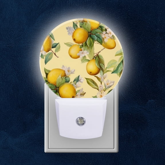 Round LED Night Lights Lamp with Dusk to Dawn Sensor, Lemon And Flower Pattern On Light Yellow Background Night Light Plug Into Wall for Kids Room, Bedroom, Bathroom, Kitchen, Hallway