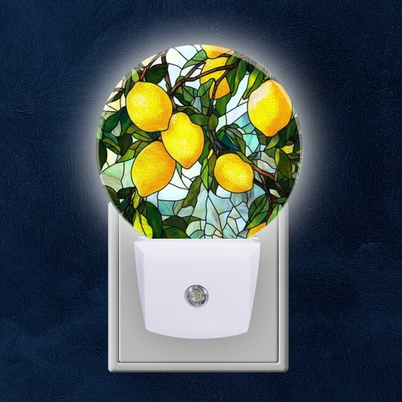 Round LED Night Lights Lamp with Dusk to Dawn Sensor, Lemons In Translucent, Stained Glass Patterned Grove Night Light Plug Into Wall for Kids Room, Bedroom, Bathroom, Kitchen, Hallway