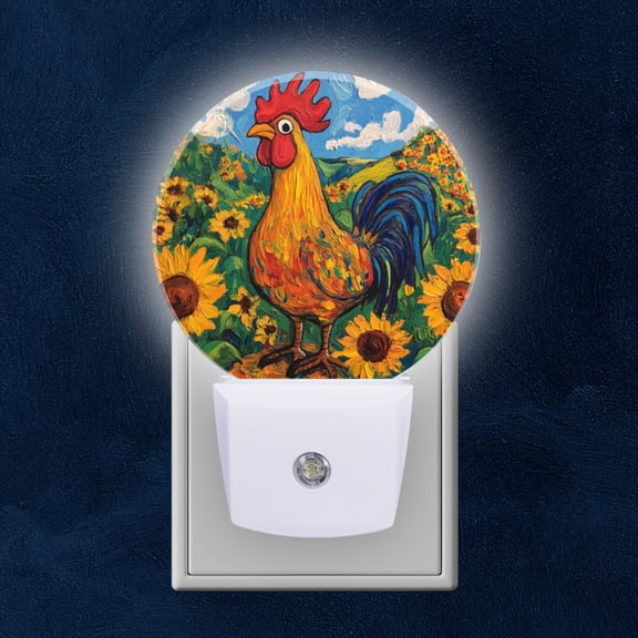 Round LED Night Lights Lamp with Dusk to Dawn Sensor, The Lively Allure Of Rooster In Sunny Flower Landscape Night Light Plug Into Wall for Kids Room, Bedroom, Bathroom, Kitchen, Hallway