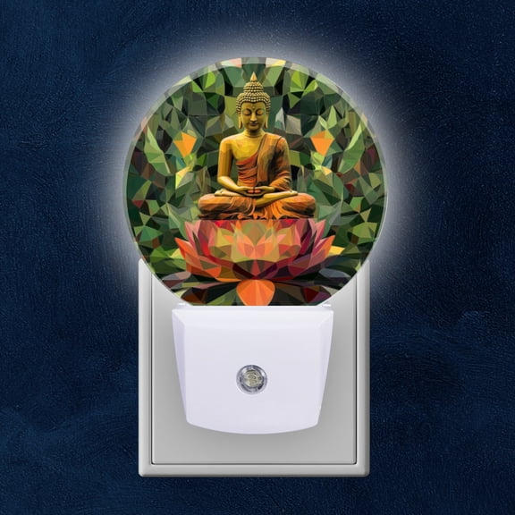 Round LED Night Lights Lamp with Dusk to Dawn Sensor, Low Polygon Style Buddhportrait Night Light Plug Into Wall for Kids Room, Bedroom, Bathroom, Kitchen, Hallway