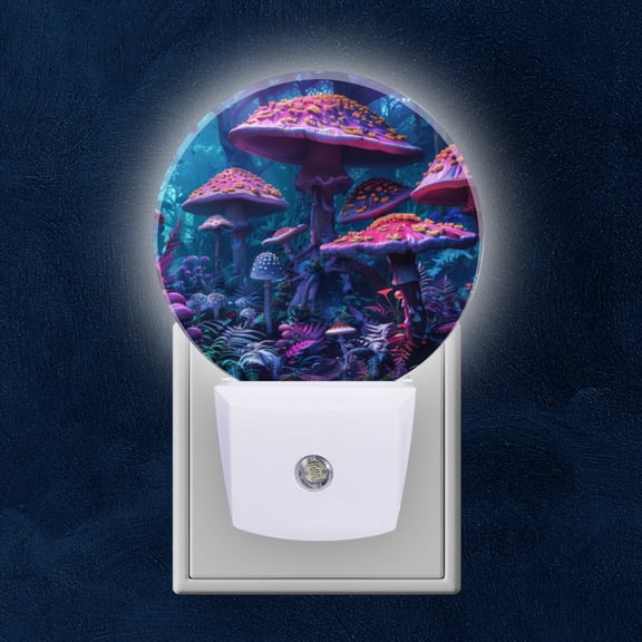 Round LED Night Lights Lamp with Dusk to Dawn Sensor, Lush Mushroom Grove In Magical Underworld Night Light Plug Into Wall for Kids Room, Bedroom, Bathroom, Kitchen, Hallway