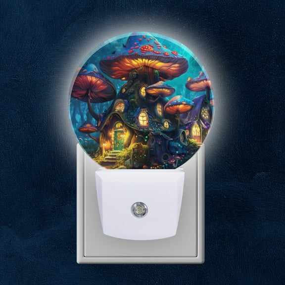 Round LED Night Lights Lamp with Dusk to Dawn Sensor, Magical Mushroom Houses In An Enchanted Forest Night Light Plug Into Wall for Kids Room, Bedroom, Bathroom, Kitchen, Hallway