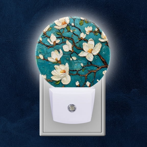 Round LED Night Lights Lamp with Dusk to Dawn Sensor, MagnoliBlossoms On Branches In Teal Background Night Light Plug Into Wall for Kids Room, Bedroom, Bathroom, Kitchen, Hallway