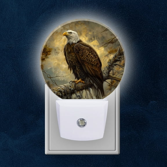 Round LED Night Lights Lamp with Dusk to Dawn Sensor, Majestic Bald Eagle Perched On Branch Night Light Plug Into Wall for Kids Room, Bedroom, Bathroom, Kitchen, Hallway