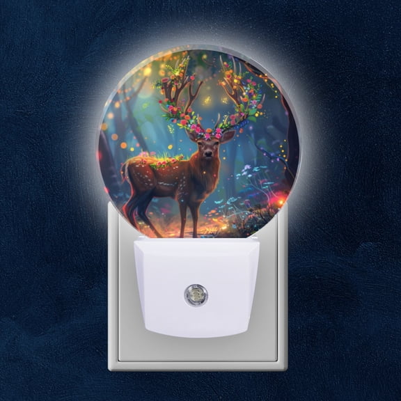 Round LED Night Lights Lamp with Dusk to Dawn Sensor, Majestic Deer In Glowing Enchanted Forest Night Light Plug Into Wall for Kids Room, Bedroom, Bathroom, Kitchen, Hallway