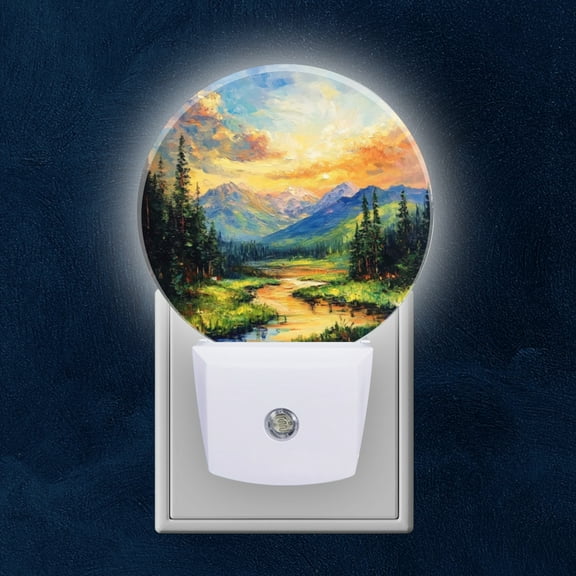 Round LED Night Lights Lamp with Dusk to Dawn Sensor, Majestic Mountain Valley At Sunset Night Light Plug Into Wall for Kids Room, Bedroom, Bathroom, Kitchen, Hallway