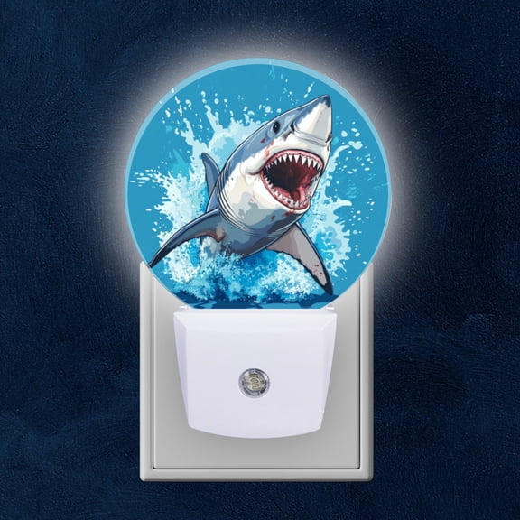 Round LED Night Lights Lamp with Dusk to Dawn Sensor, Majestic Shark Emerging From The Ocean Spray Night Light Plug Into Wall for Kids Room, Bedroom, Bathroom, Kitchen, Hallway