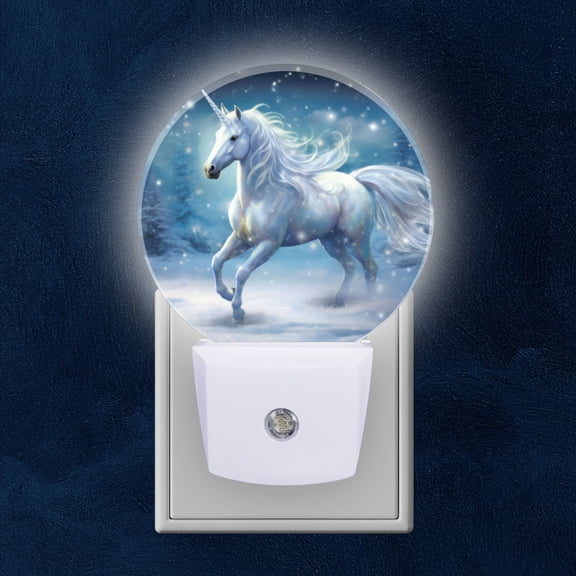 Round LED Night Lights Lamp with Dusk to Dawn Sensor, Majestic Unicorn Gracefully Galloping Through Snow Covered Forest Night Light Plug Into Wall for Kids Room, Bedroom, Bathroom, Kitchen, Hallway