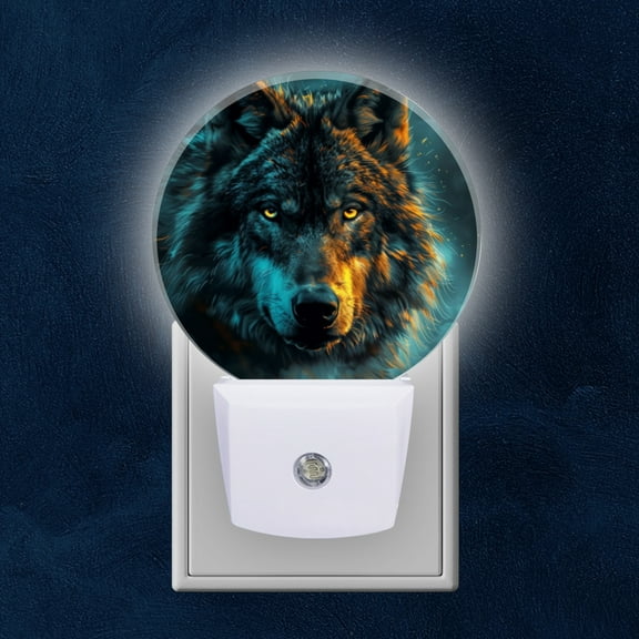 Round LED Night Lights Lamp with Dusk to Dawn Sensor, Majestic Wolf With Sharp Yellow Eyes Stood In The Clouds Night Light Plug Into Wall for Kids Room, Bedroom, Bathroom, Kitchen, Hallway