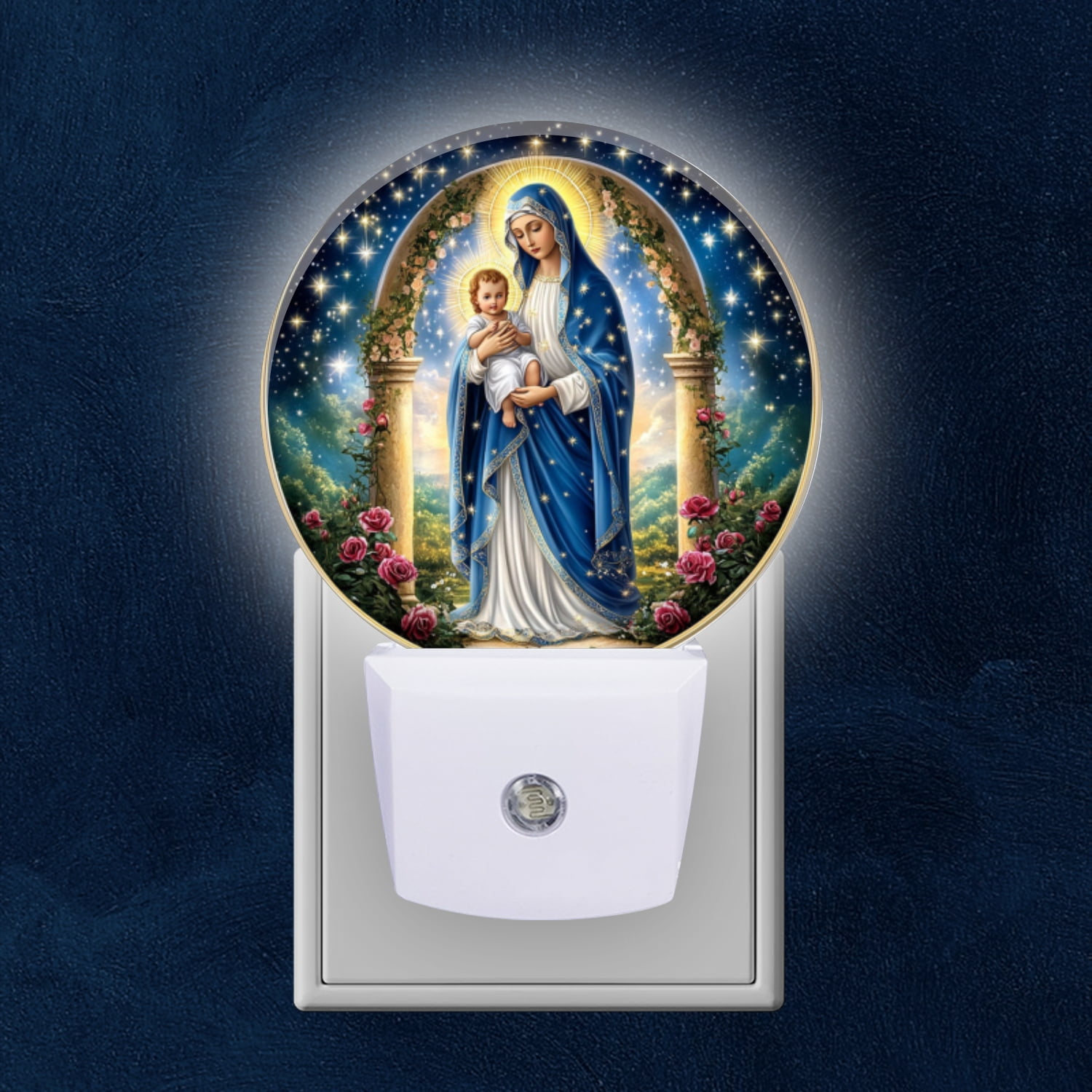 Round LED Night Light With Dusk-to-Dawn Sensor – Stained Glass Mary & Jesus Design With Roses & Doves, Plug-In Wall Light For Kids Room, Bedroom, Bathroom