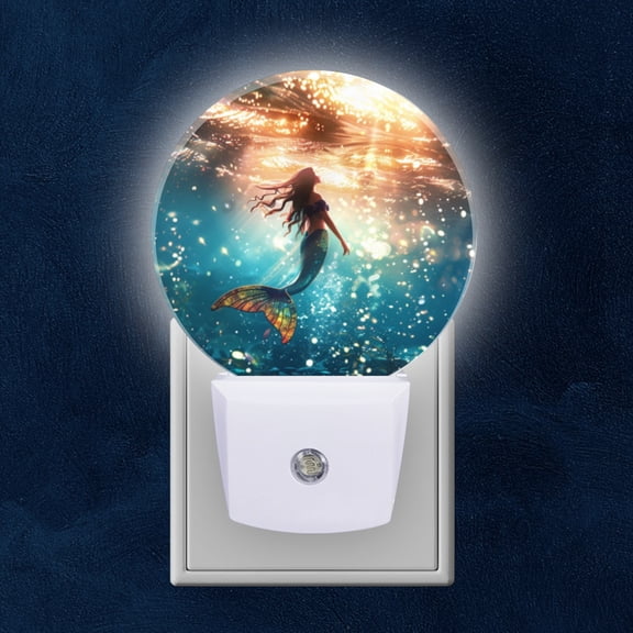 Round LED Night Lights Lamp with Dusk to Dawn Sensor, Mermaid In Sunlit Underwater Scene Night Light Plug Into Wall for Kids Room, Bedroom, Bathroom, Kitchen, Hallway
