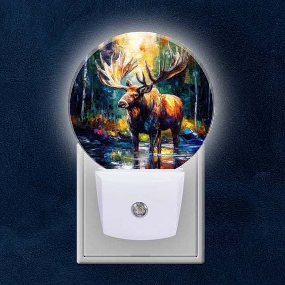 Round LED Night Lights Lamp with Dusk to Dawn Sensor, Moose With Magnificent Antlers Night Light Plug Into Wall for Kids Room, Bedroom, Bathroom, Kitchen, Hallway