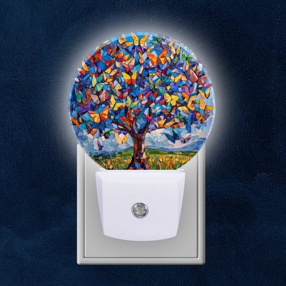 Round LED Night Lights Lamp with Dusk to Dawn Sensor, Mosaic Tree Adorned With Flurry Of Butterflies Night Light Plug Into Wall for Kids Room, Bedroom, Bathroom, Kitchen, Hallway
