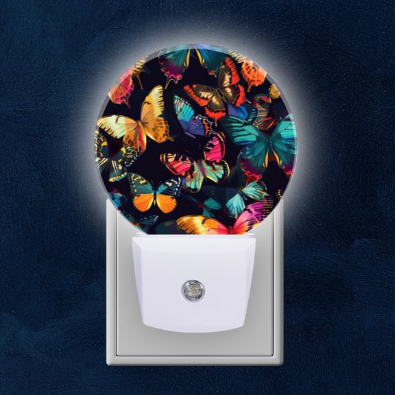Round LED Night Lights Lamp with Dusk to Dawn Sensor, Multicolored Butterflies On Black Canvas Night Light Plug Into Wall for Kids Room, Bedroom, Bathroom, Kitchen, Hallway