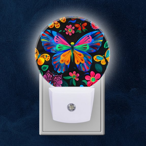 Round LED Night Lights Lamp with Dusk to Dawn Sensor, Multicolored Butterflies And Flowers On Black Canvas Night Light Plug Into Wall for Kids Room, Bedroom, Bathroom, Kitchen, Hallway