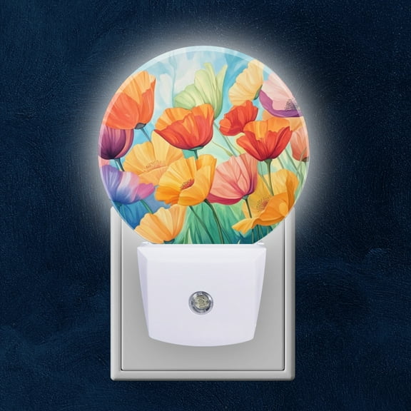 Round LED Night Lights Lamp with Dusk to Dawn Sensor, Multicolored Poppies In Bright Hued Setting Night Light Plug Into Wall for Kids Room, Bedroom, Bathroom, Kitchen, Hallway